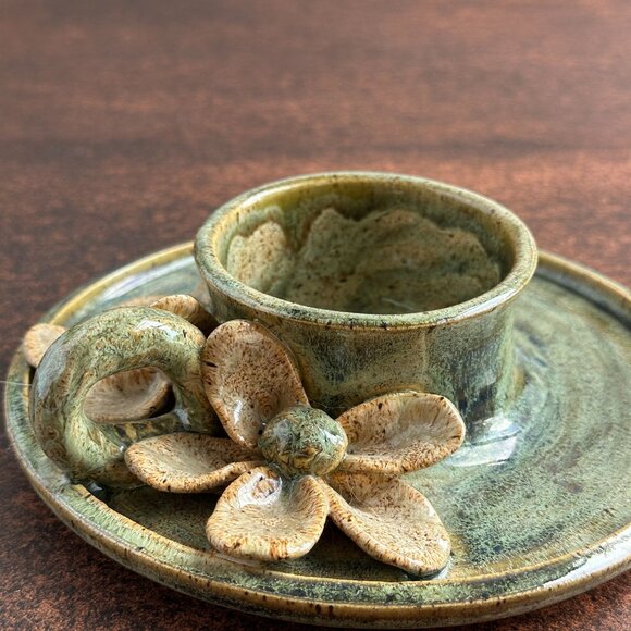 Handmade Ceramic Candle Holder w Flowers & Handle Green and Beige Glazed Pottery - Picture 2 of 11